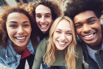 Poster - A group of young people standing next to each other. Suitable for team building, friendship, or social interaction concepts