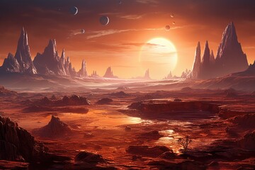 Poster - A view of a desert landscape with a river running through it. Can be used to depict the beauty and serenity of nature