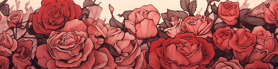 Wall Mural - ink and water sketch of rose flowers background banner
