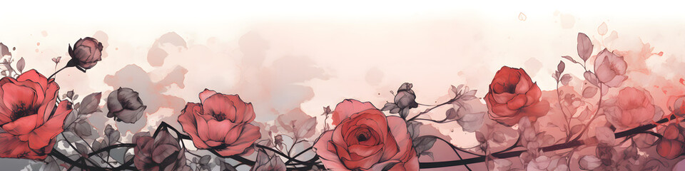 Wall Mural - ink and water sketch of rose flowers background banner