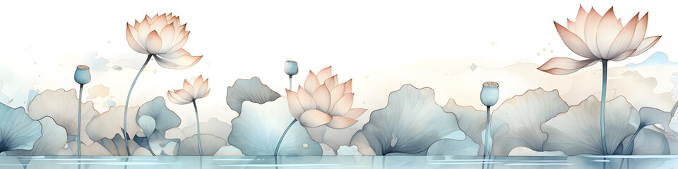 Wall Mural - ink and water sketch of lotus flowers background banner