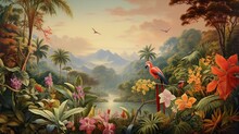 Tropical Paradise With Exotic Birds And Lush Foliage In A Lively Illustrated Landscape