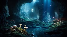 Underground Cave With Bioluminescent Fungi Casting An Otherworldly Glow