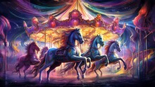 Vibrant Carousel Horses In A Fantastical, Animated Carnival Illustration