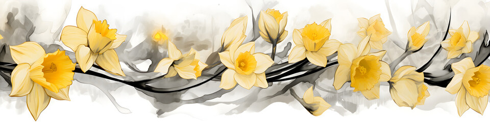 Wall Mural - ink and water sketch of daffodil flowers background banner
