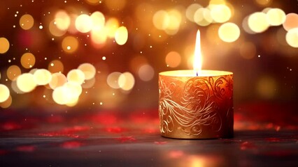 Wall Mural - Christmas candle on a background of bokeh lights. Animated fire of light. One minute loop animation. 2k