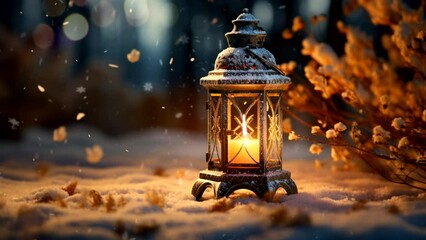 Wall Mural - Classic lantern with candle in winter scenery. Animated flame and snow. One minute loop animation. 2k