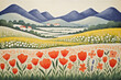 Pastoral painting of a meadow dotted with red poppies and daisies leading to quaint cottages nestled at the foot of gentle blue mountains.