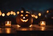 Jack O' Lantern On Table In Spooky Night - Halloween With Full Moon