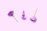 Anal plug from sex shop and beautiful eustoma flowers on purple background