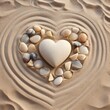 A heart shaped stone surrounded by shells on a sandy beach