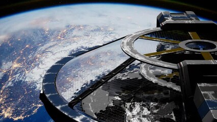 Wall Mural - modern laboratory constructed from metal and glass, resembling a spacecraft, rotating in orbit around the planet. elements furnished by nasa