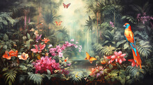 Tropical Paradise, Background With Plants, Flowers, Birds, Butterflies In Vintage Painting Style