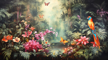 Tropical paradise, background with plants, flowers, birds, butterflies in vintage painting style