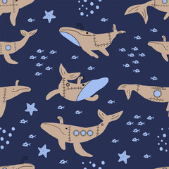 Wall Mural - Submarine Whales. Vector colored childish seamless pattern with whales in scandinavian style. Cute kids background