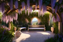 A Hidden Oasis With Ancient Amphorae Standing Amidst A Graceful Arch Covered In Wisteria, A Bench Under A Cascading Floral Canopy