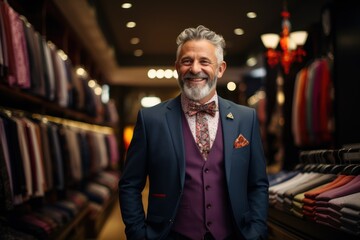 a man in a business suit standing in a shop