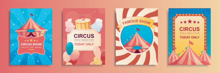 Poster - Circus show cover brochure set in flat design. Poster templates with striped tent for acrobat, clown or magician art performances, balloons, cotton candy, carnival tickets. Vector illustration.