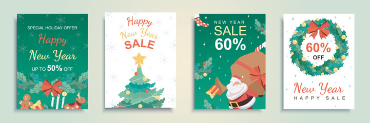 Wall Mural - Happy New Year 2024 sales cover brochure set in flat design. Poster templates with seasonal shopping clearance and discount offer with Santa Claus with gift festive tree and decor. Vector illustration
