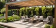 Green garden outdoor patio with wooden pergola and comfortable seating