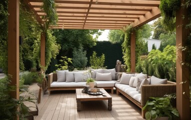 Green garden outdoor patio with wooden pergola and comfortable seating