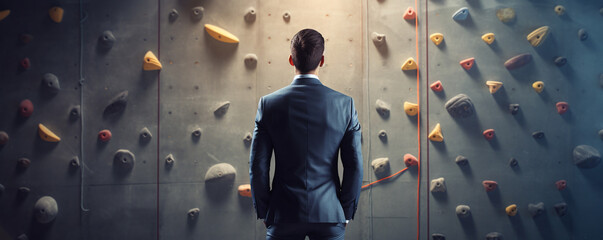 businessman in a suit stands in front of a climbing wall. concept of overcoming difficulties and self-development. ai generative