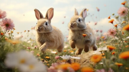 Wall Mural - A pair of playful rabbits hopping through a field of blooming wildflowers.