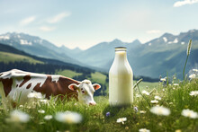 Bottle of milk standing on an Alpine meadow with green grass on a sunny summer day. Blue sky mountains cow in the background. Dairy production healthy diet concept