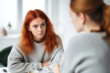 Wall Mural - Two excited young women with red long hair talking at the table at home