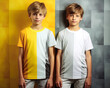 Two friends, young teenage boys standing on a yellow background, a friendship from school that lasts a lifetime. Minimal portrait.