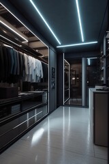 High-tech style interior of wardrobe in modern house.