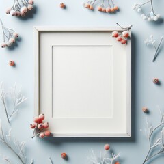 Wall Mural - Christmas or winter background. Photo frame and Christmas decorations in the snow.