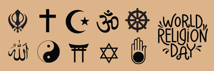 World Religion Day text banner. Handwriting text and symbols of religion. Hand drawn vector art.