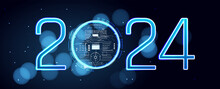 Futuristic Vector Illustration Of 2024, Featuring A Cityscape Within A Blue Circle And Digital Clock, Surrounded By Smaller Circles In A Blue And Black Color Scheme.