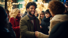 Photo Of Positive Friends Dressed Winter Season Outfits Drinking X-mas Beverages Outdoors Urban City Street. Having Fun Together At A Christmas Fairy. X Mas Time! Generative AI.