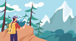 Boy travel to mountain. Man with map at hill look at rock with snowcapes. Active lifestyle and leisure outdoor. Beautiful natural panorama and landscape. Cartoon flat vector illustration