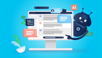 Fototapete - Ai chat on computer screen with artificial intelligence robot pointing at screen on blue background. Vector illustration