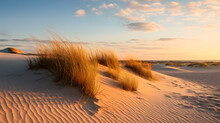 Coastal Sand Dunes With Sparse Vegetation Golden Hour Lighting --ar 16:9 --v 5.2 --style Raw