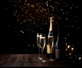 Elegant champagne glasses with sparkling background.
