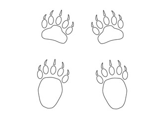 Wall Mural - Bear or panda paw footprints with claws. Contour. 4 paws. Black vector illustration isolated on white. Grizzly wild animal paw print icon and symbol. Print, textile, postcard, booklet, pet store.