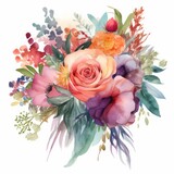 Fototapeta Kwiaty - Watercolor wedding bouquet with vibrant blooms, white background. AI generate