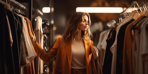 Wall Mural - Woman choosing clothes in fashion store