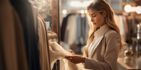 Wall Mural - Woman choosing clothes in fashion store