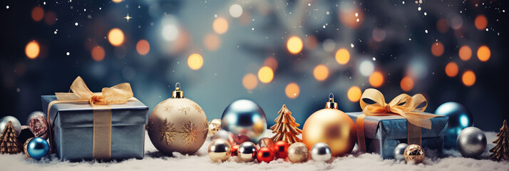 christmas banner. background xmas design with festive gift boxes and christmas balls. horizontal chr