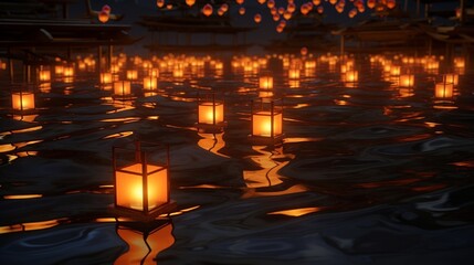 Wall Mural - Lit lanterns floating on water for the Japanese Toro Nagashi.