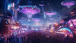 Futuristic city during a festival neon and holographic decorations celebratory drones --ar 16:9 --v 5.2 --style raw
