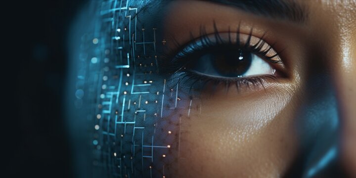  A womans face under meticulous analysis, revealing imperfections through advanced scanning technology on the control screen