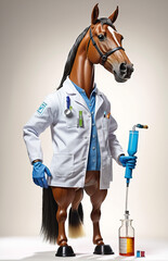 Wall Mural - anthropomorphic caricature horse wearing a chemistry clothing with chemical tools