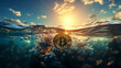 An ocean, waves in the ocean, in the middle of it bitcoin swimming, business concept, relax image, meditating colors, high detailed crypto coin