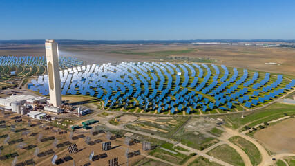 A concentrating solar power tower plant operating near Sevilla, Andalusia, Spain